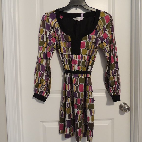 Trina Turk Sz 2 Dress Geometric Print Long Sleeve Y Neck Line Cotton Silk Blend - Picture 1 of 4